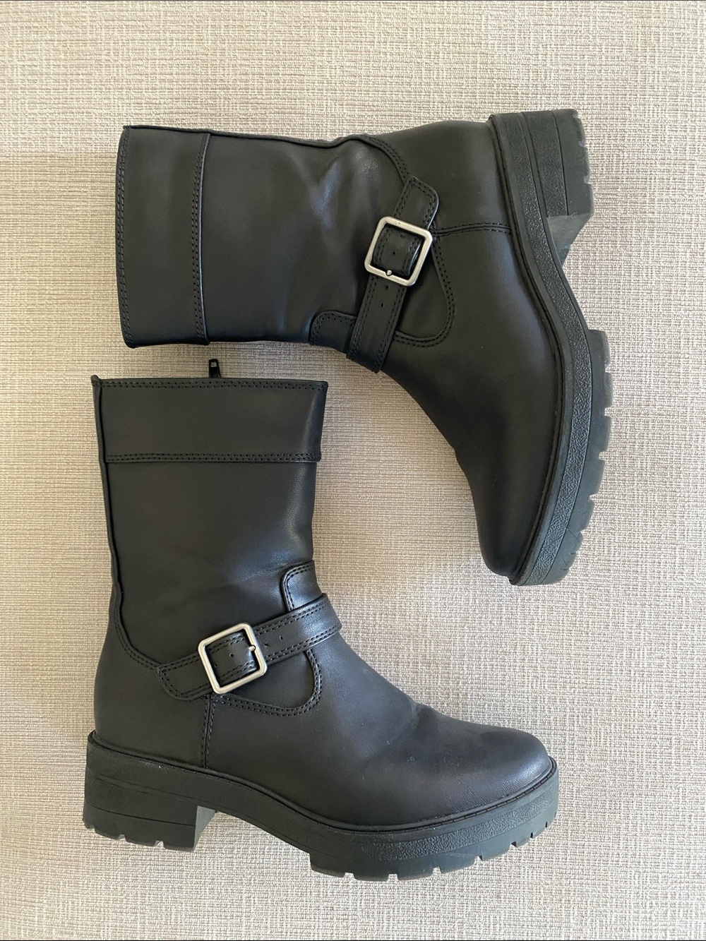 Black Mid-Calf Buckle Leather Moto Boots - Women